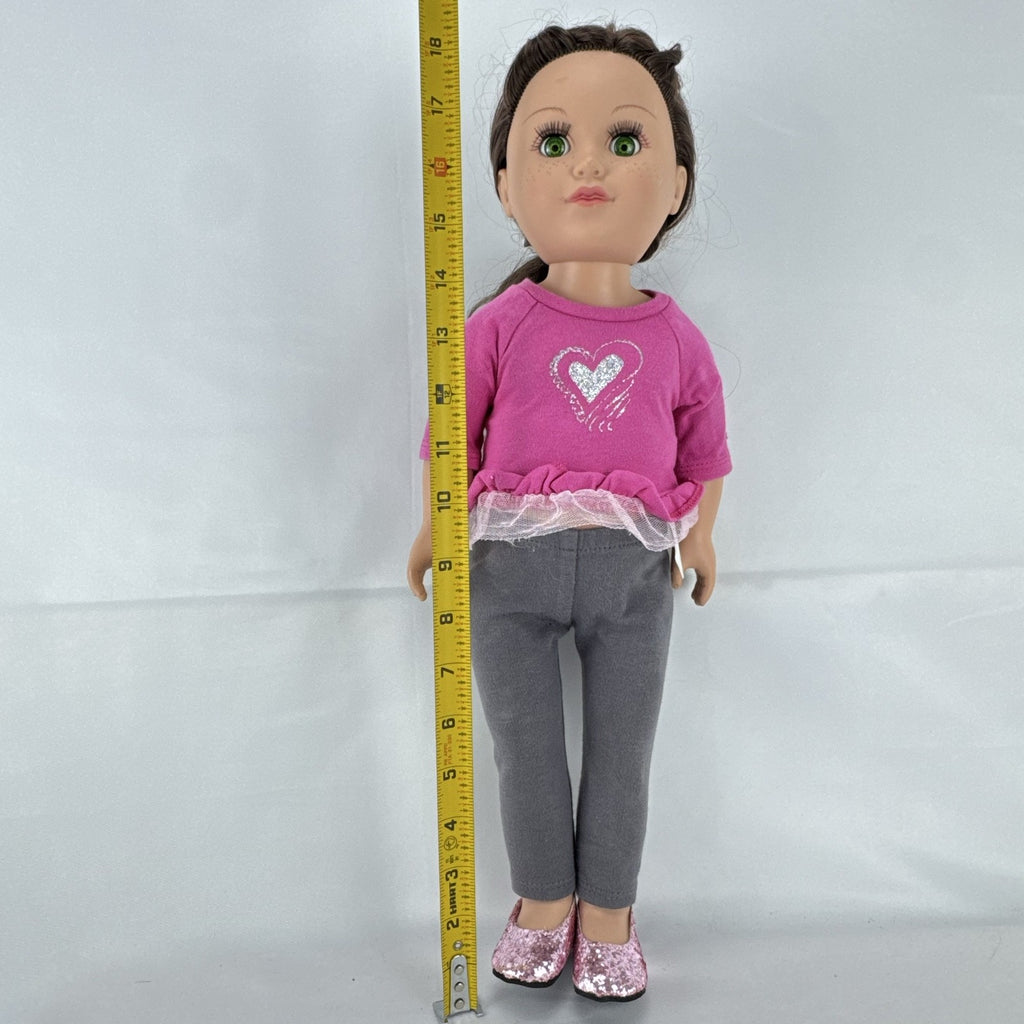 Cititoy My Life As 18-inch doll with brown hair, green eyes, freckles, and pink glitter heart outfit