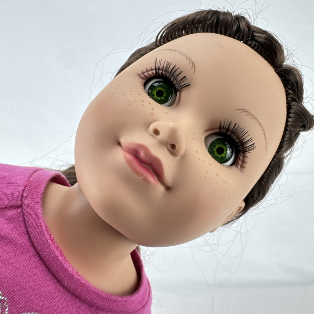 Cititoy My Life As 18-inch doll with brown hair, green eyes, freckles, and pink glitter heart outfit