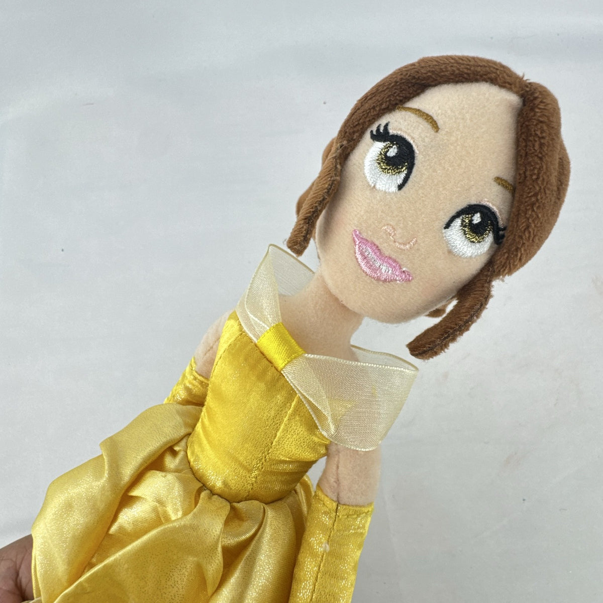 Disney Princess Belle 12-inch plush doll wearing yellow satin ball gown