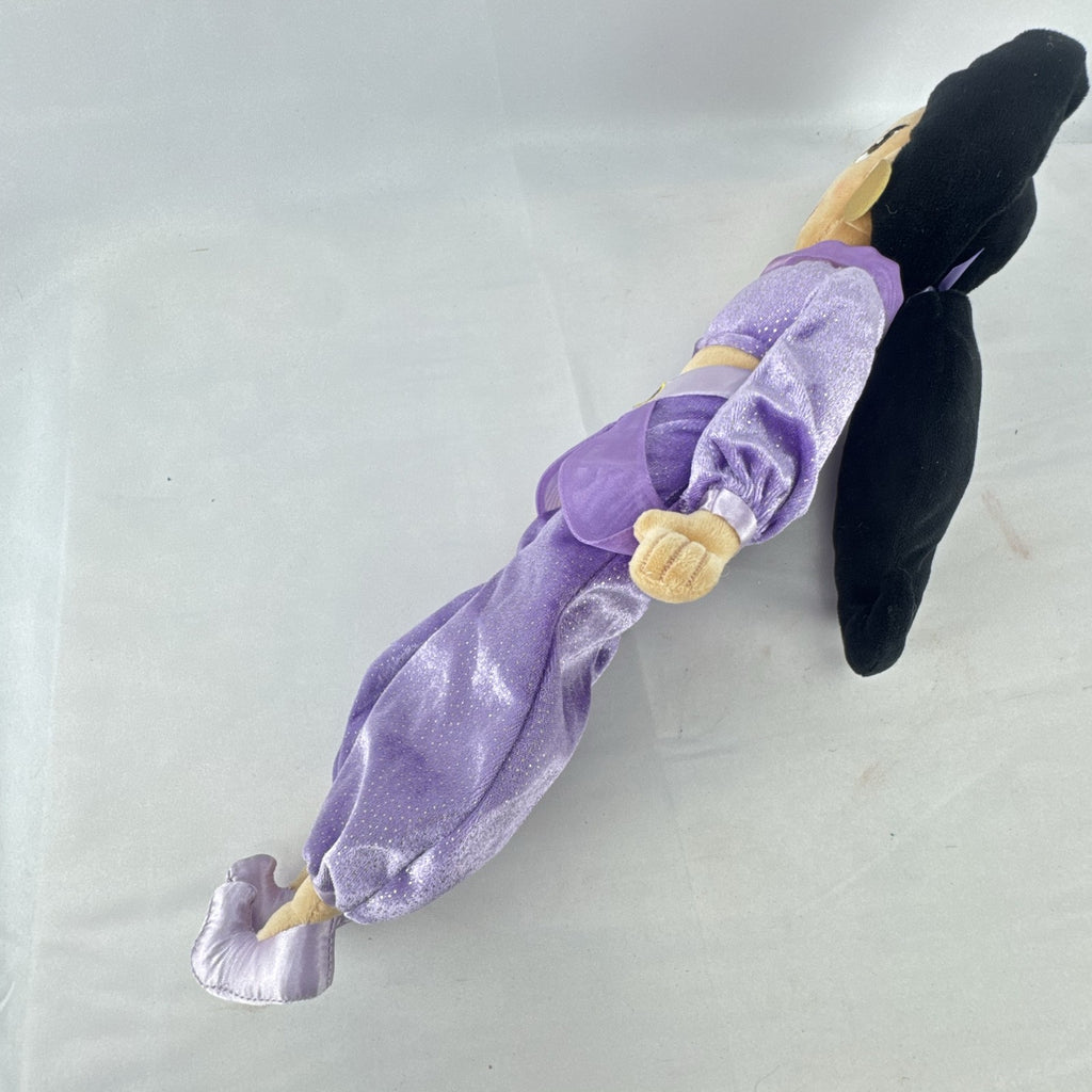 Disney Princess Jasmine 18-inch soft plush doll wearing a sparkling purple outfit and gold fabric accessories.