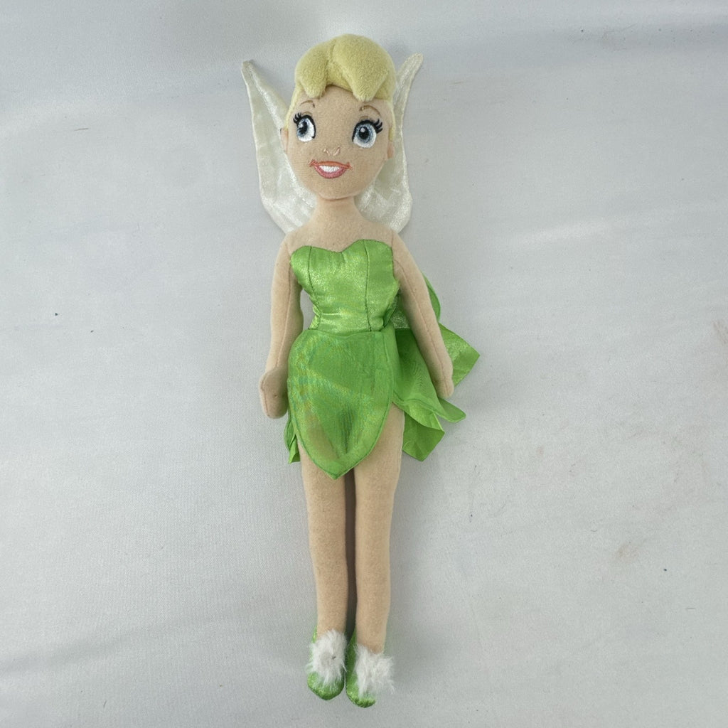 Disney Tinker Bell plush doll with iridescent wings and green petal dress, approximately 11 inches tall.