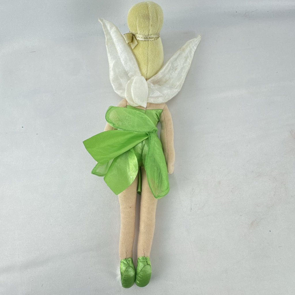 Disney Tinker Bell plush doll with iridescent wings and green petal dress, approximately 11 inches tall.