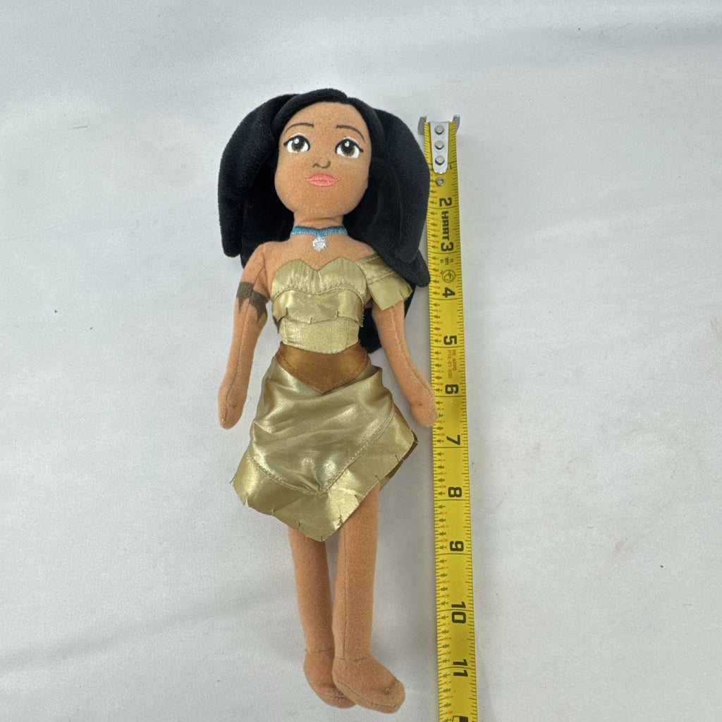 Disney Pocahontas 11-inch plush doll wearing gold satin fringe dress and turquoise necklace