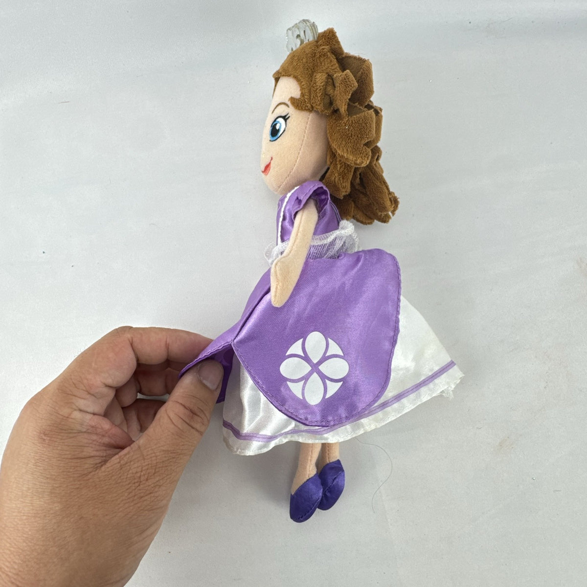 Disney Sofia the First 11-inch plush doll wearing lilac satin dress and silver tiara