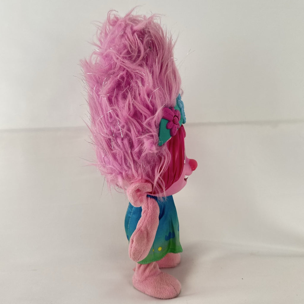 Just Play DreamWorks Trolls Princess Poppy 12-inch plush doll with molded plastic face and pink tinsel hair