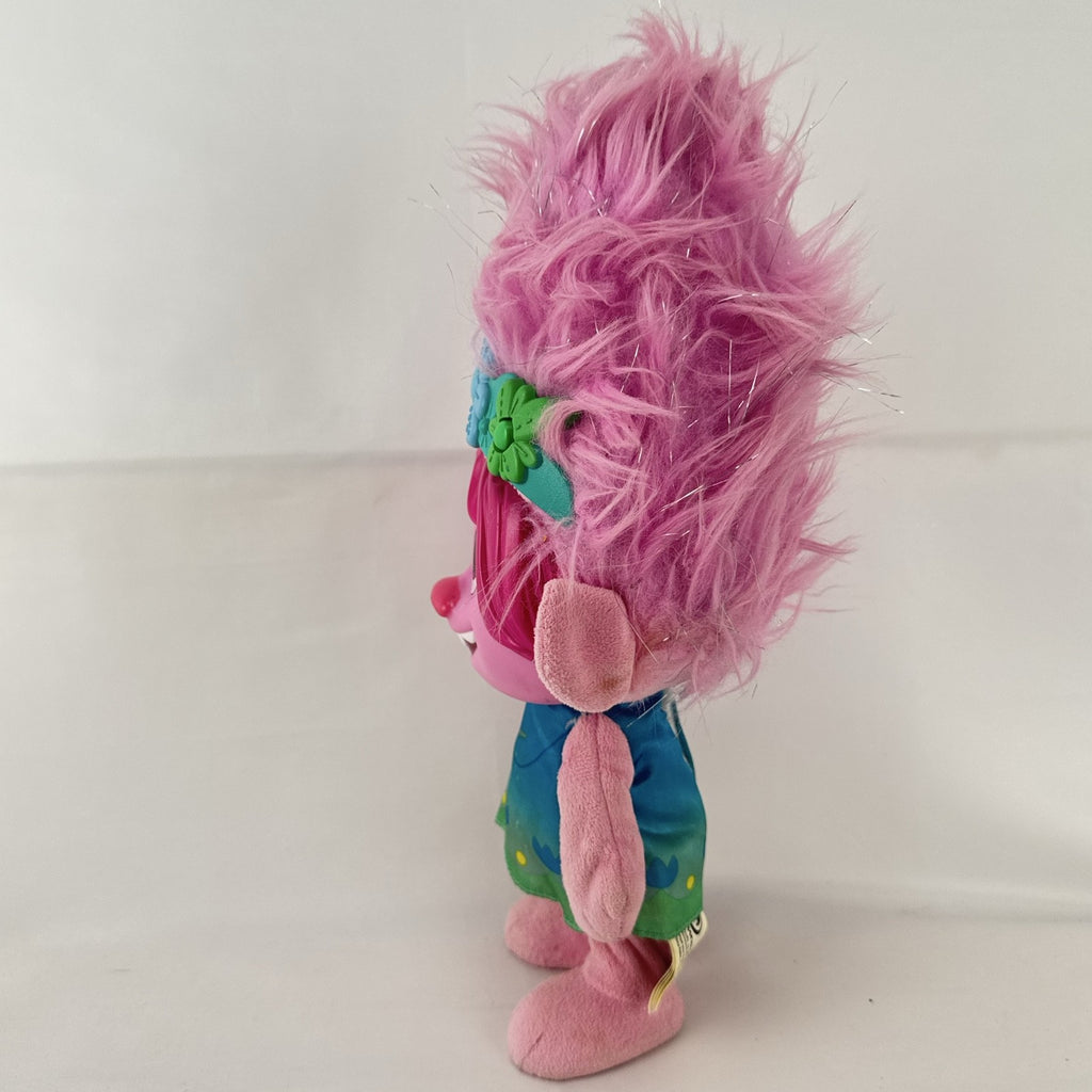 Just Play DreamWorks Trolls Princess Poppy 12-inch plush doll with molded plastic face and pink tinsel hair