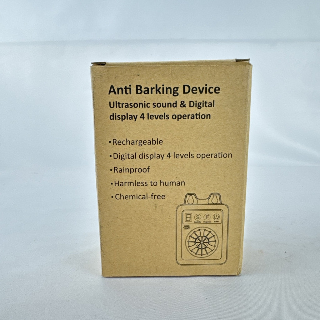 Rechargeable ultrasonic anti-barking device with digital display and rainproof housing.
