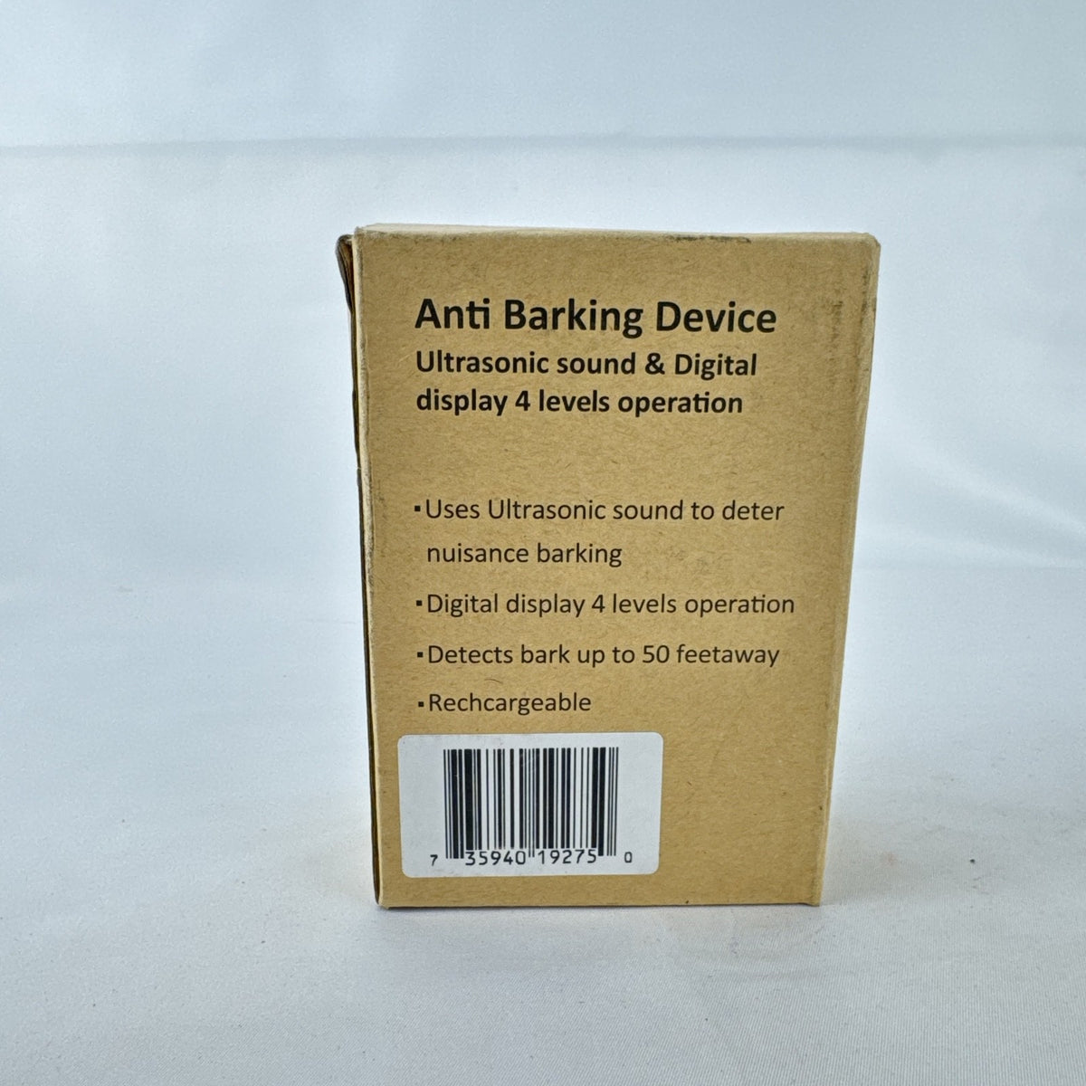 Rechargeable ultrasonic anti-barking device with digital display and rainproof housing.