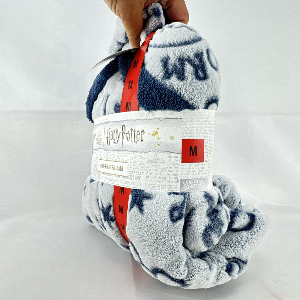 Harry Potter women's size medium blue and gray plush hooded fleece one-piece lounger pajama with tags