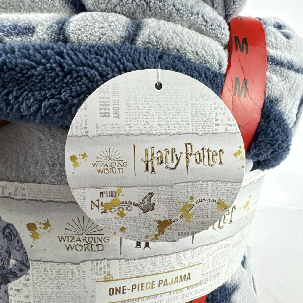 Harry Potter women's size medium blue and gray plush hooded fleece one-piece lounger pajama with tags