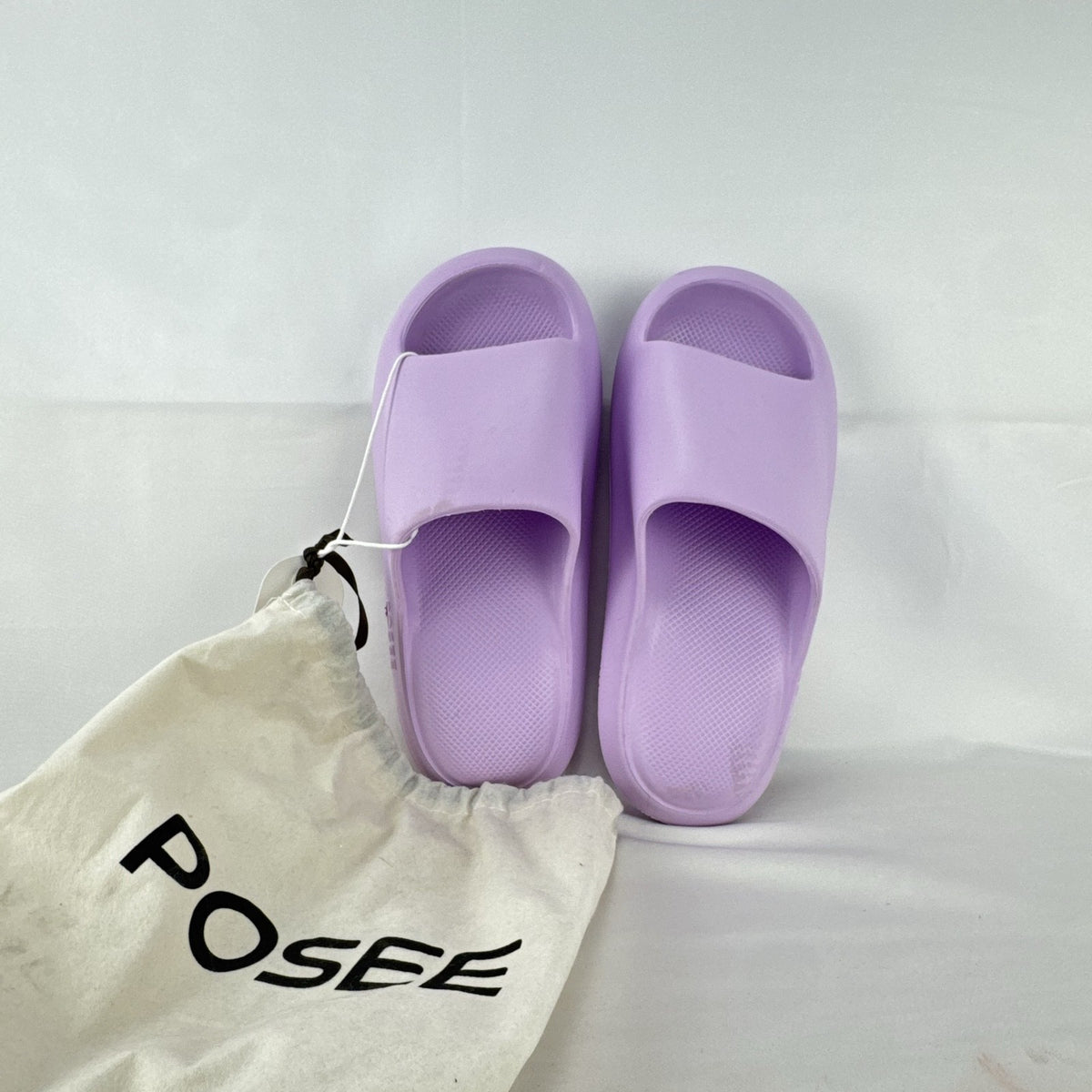 Posee women's lavender purple cloud slide sandals with thick EVA foam sole and dust bag.
