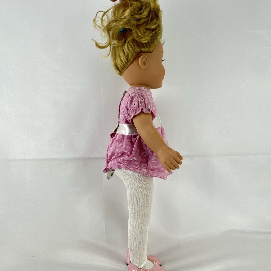 Cititoy 18-inch vinyl girl doll with blonde hair updo, green eyes, freckles, and pink floral outfit with glitter shoes.