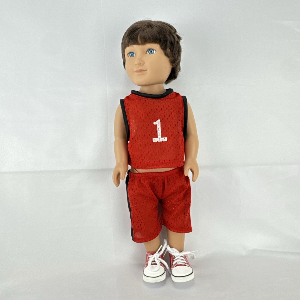 Cititoy 18-inch vinyl boy play doll with blue eyes and brown hair wearing a red basketball jersey and sneakers