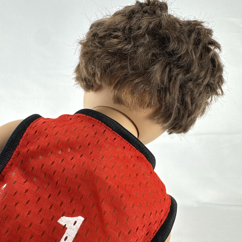 Cititoy 18-inch vinyl boy play doll with blue eyes and brown hair wearing a red basketball jersey and sneakers