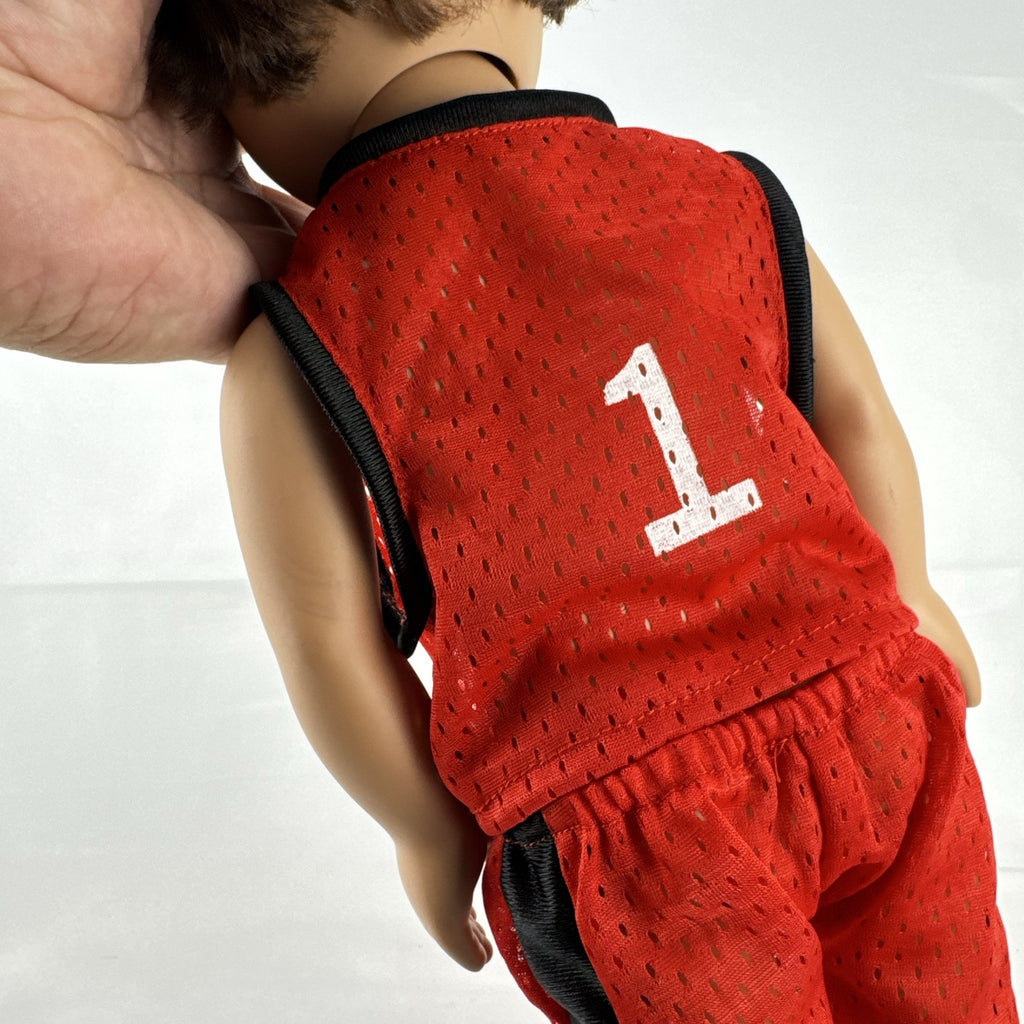 Cititoy 18-inch vinyl boy play doll with blue eyes and brown hair wearing a red basketball jersey and sneakers