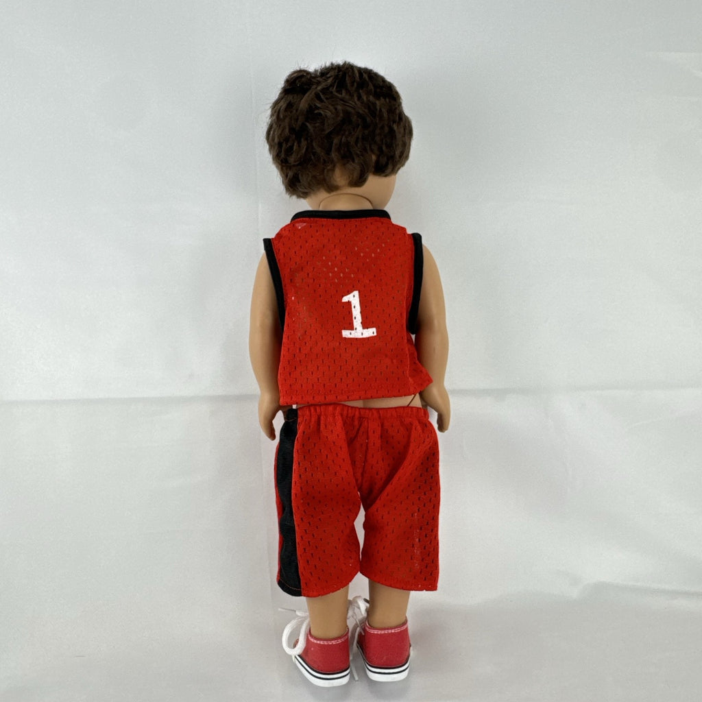 Cititoy 18-inch vinyl boy play doll with blue eyes and brown hair wearing a red basketball jersey and sneakers
