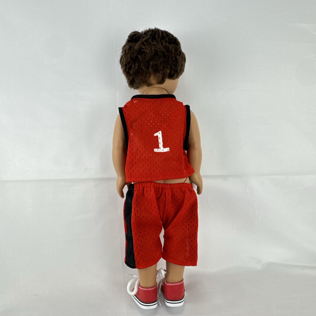 Cititoy 18-inch vinyl boy play doll with blue eyes and brown hair wearing a red basketball jersey and sneakers