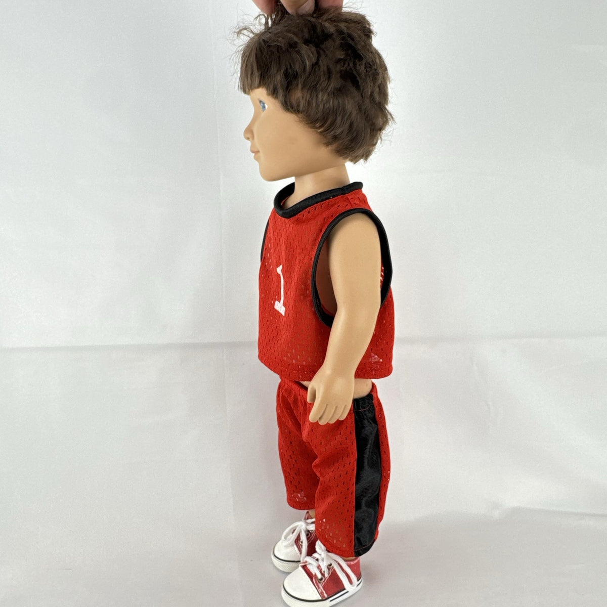 Cititoy 18-inch vinyl boy play doll with blue eyes and brown hair wearing a red basketball jersey and sneakers