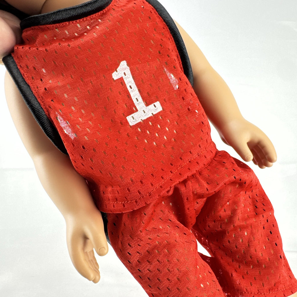 Cititoy 18-inch vinyl boy play doll with blue eyes and brown hair wearing a red basketball jersey and sneakers