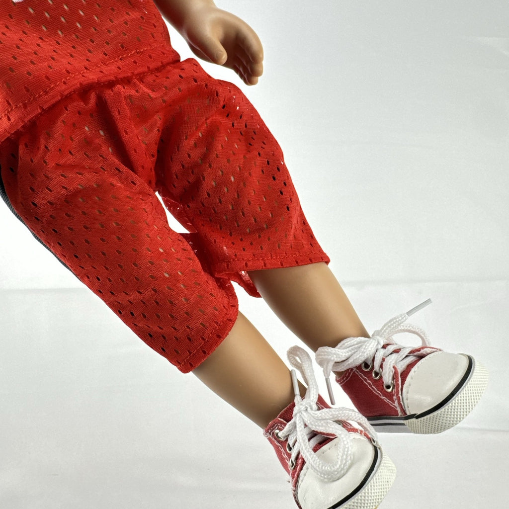 Cititoy 18-inch vinyl boy play doll with blue eyes and brown hair wearing a red basketball jersey and sneakers