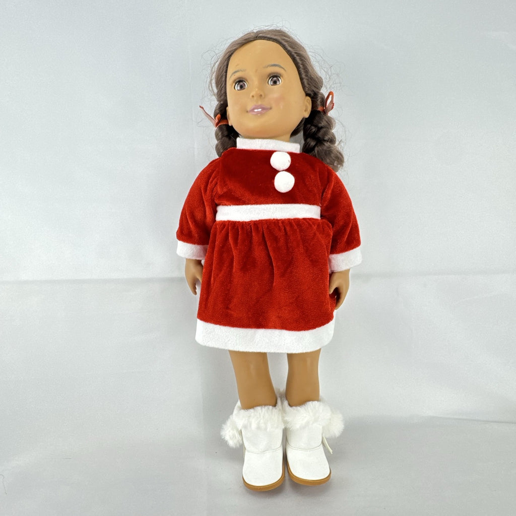 Battat Our Generation 18-inch doll with brown braided pigtails wearing a red and white holiday Santa dress and boots