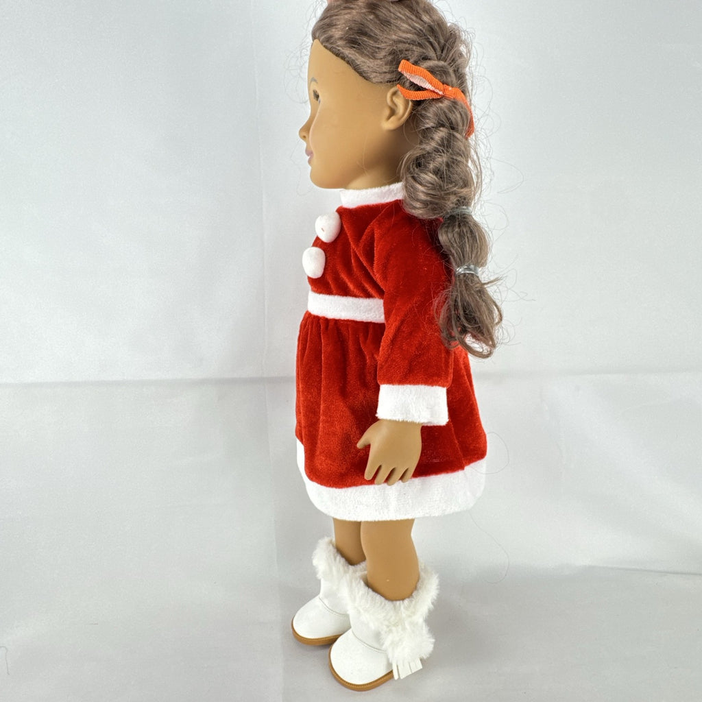 Battat Our Generation 18-inch doll with brown braided pigtails wearing a red and white holiday Santa dress and boots