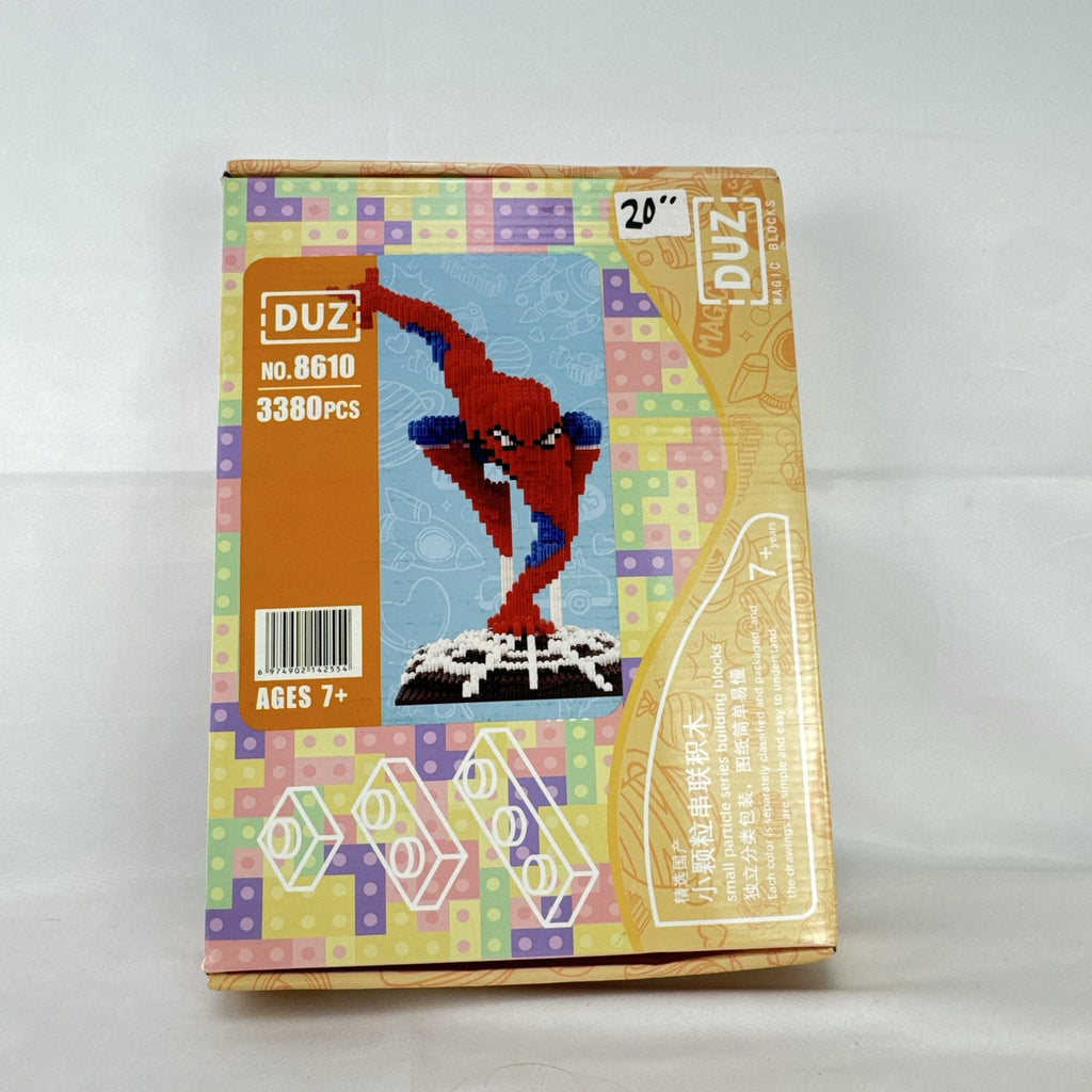 DUZ Spider-Man 3D figure building set box showing 3,380 micro interlocking blocks model 8610