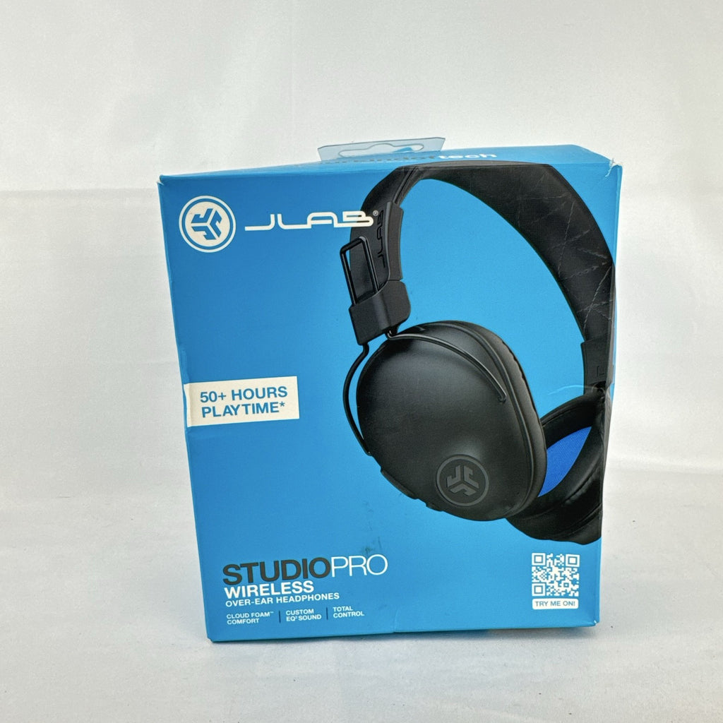 JLab Studio Pro wireless over-ear headphones in black with plush ear cushions in original packaging