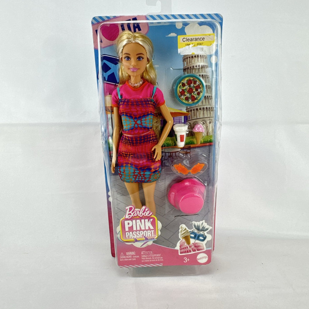 Mattel Barbie Pink Passport Italy travel doll in patterned sundress with pizza and gelato accessories