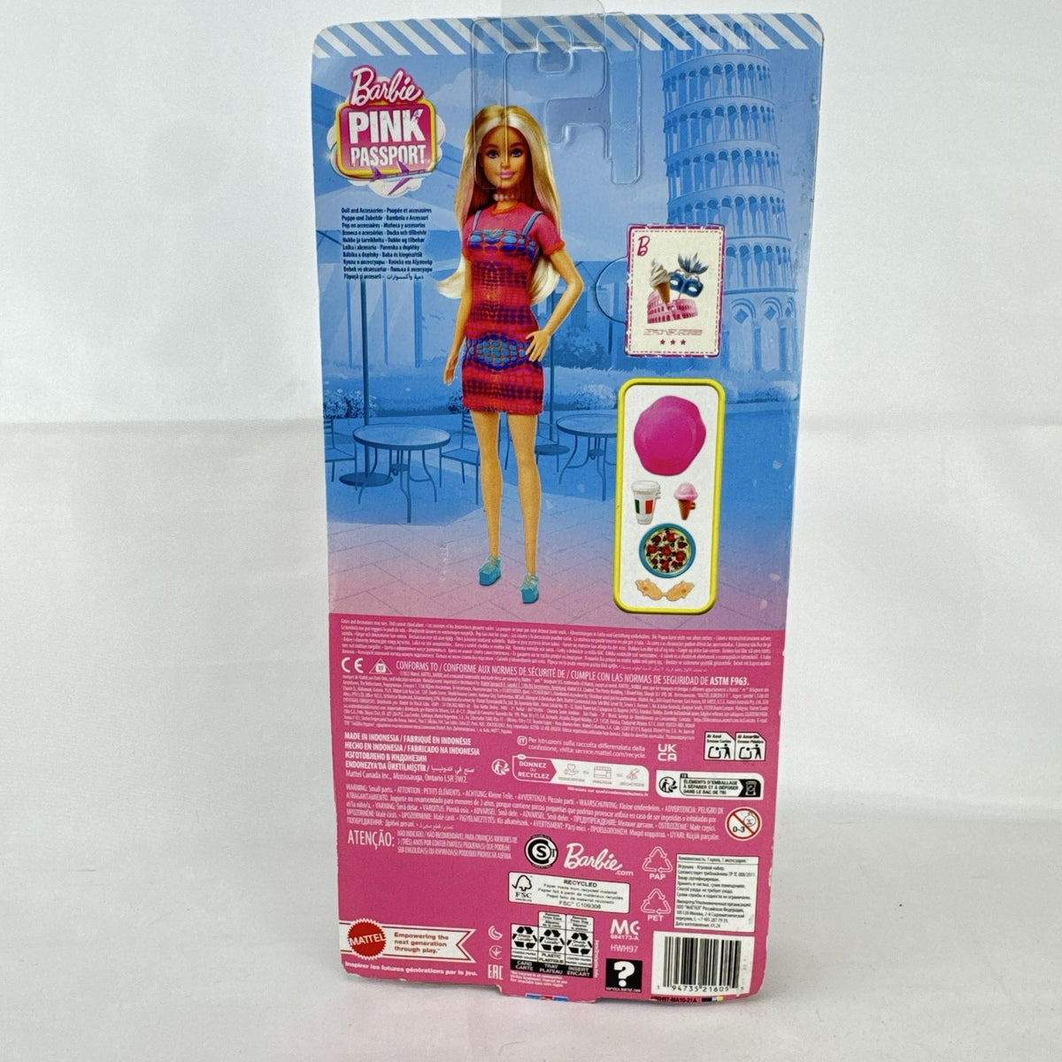 Mattel Barbie Pink Passport Italy travel doll in patterned sundress with pizza and gelato accessories