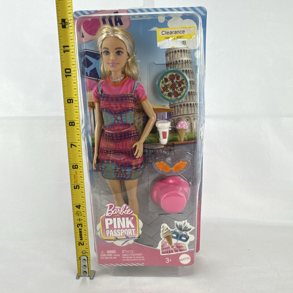 Mattel Barbie Pink Passport Italy travel doll in patterned sundress with pizza and gelato accessories