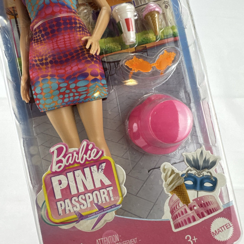 Mattel Barbie Pink Passport Italy travel doll in patterned sundress with pizza and gelato accessories