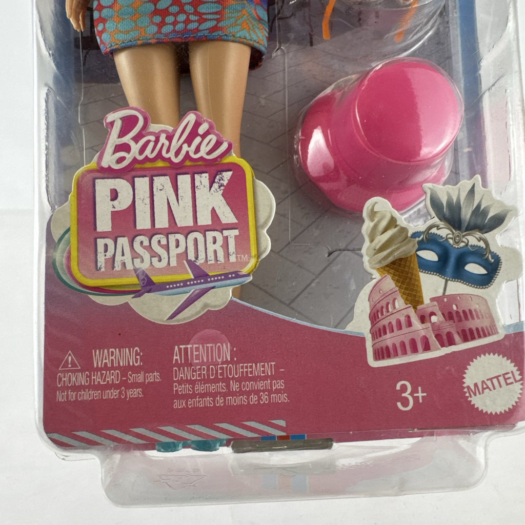 Mattel Barbie Pink Passport Italy travel doll in patterned sundress with pizza and gelato accessories