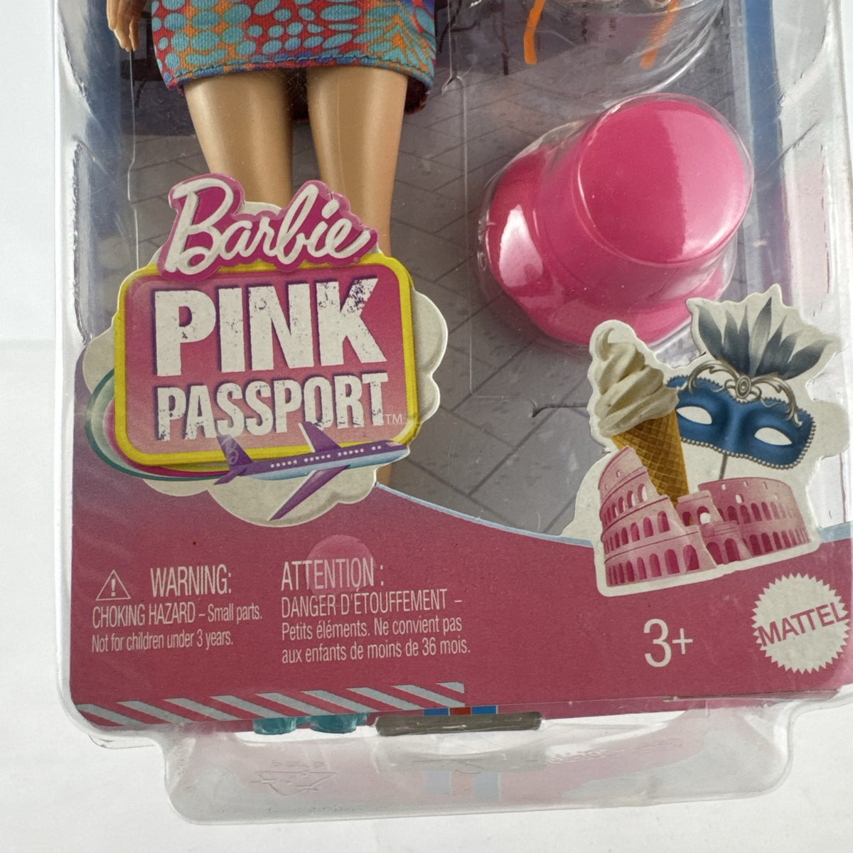 Mattel Barbie Pink Passport Italy travel doll in patterned sundress with pizza and gelato accessories