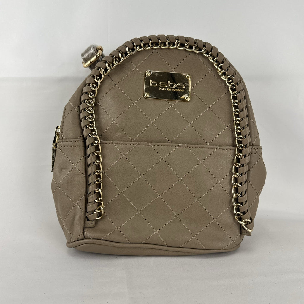 bebe Julia mini backpack purse in taupe quilted faux leather with gold chain trim and original tags