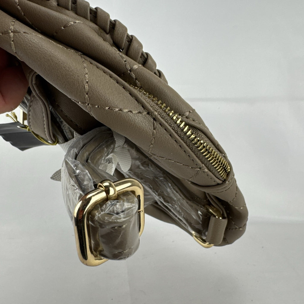 bebe Julia mini backpack purse in taupe quilted faux leather with gold chain trim and original tags