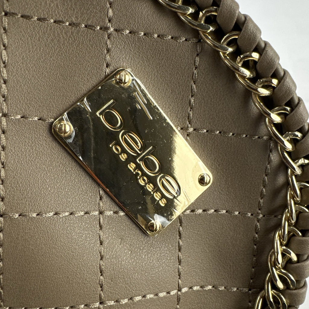 bebe Julia mini backpack purse in taupe quilted faux leather with gold chain trim and original tags