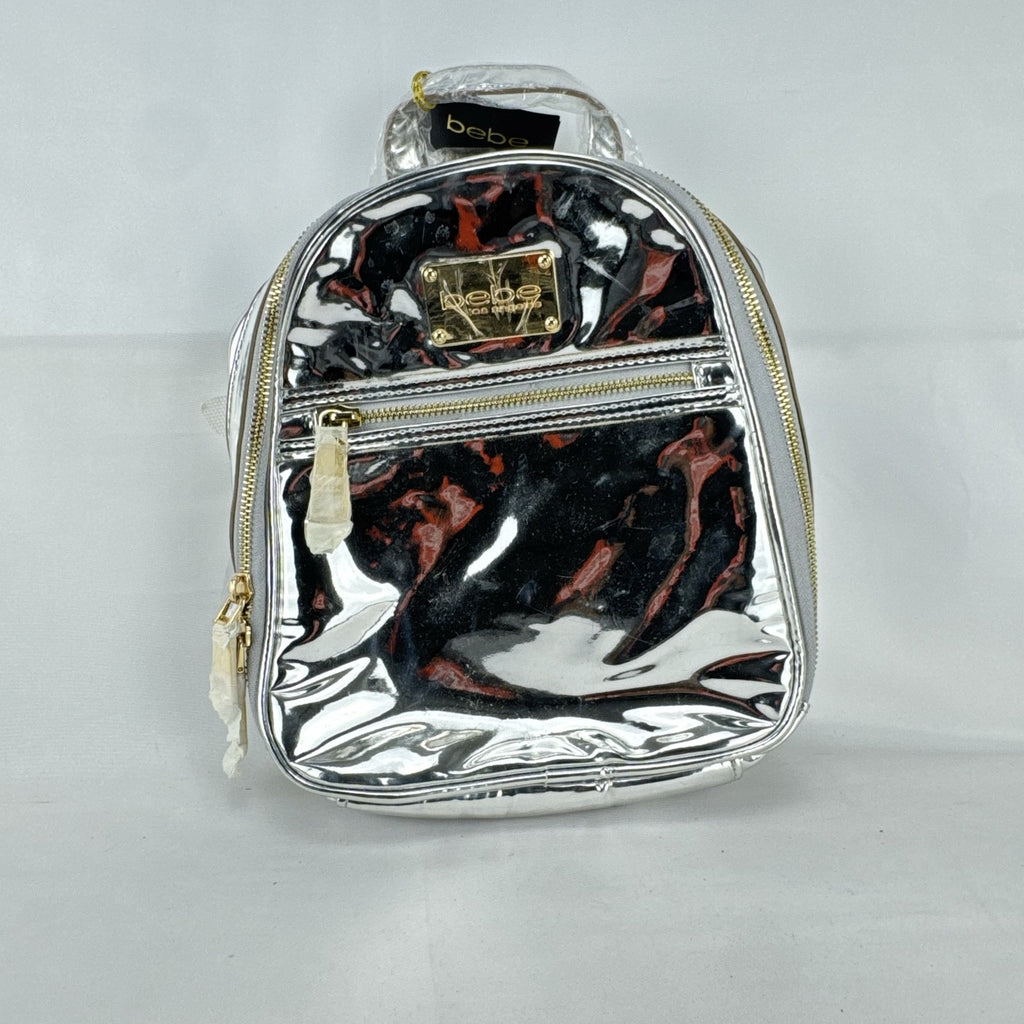 Bebe Kylie mini backpack in metallic silver faux leather with gold-tone hardware