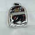 Bebe Kylie mini backpack in metallic silver faux leather with gold-tone hardware