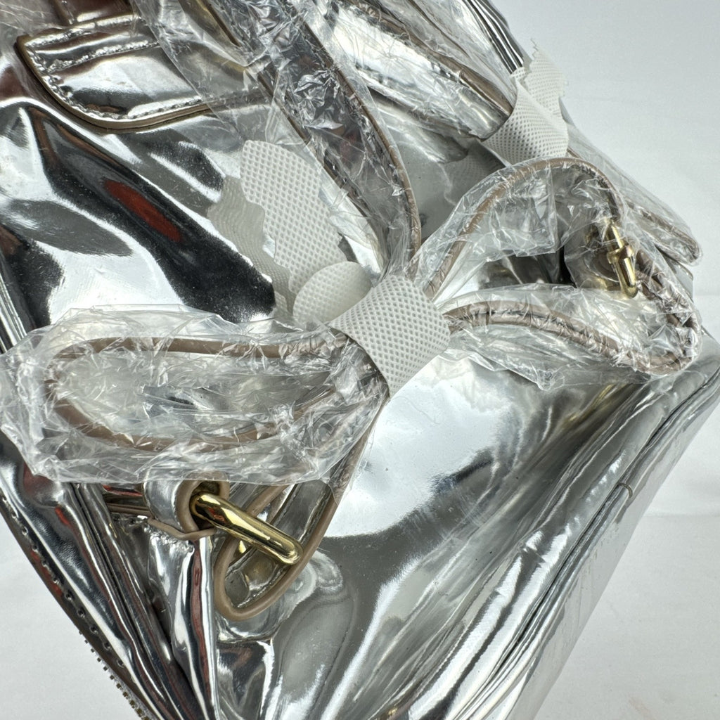 Bebe Kylie mini backpack in metallic silver faux leather with gold-tone hardware