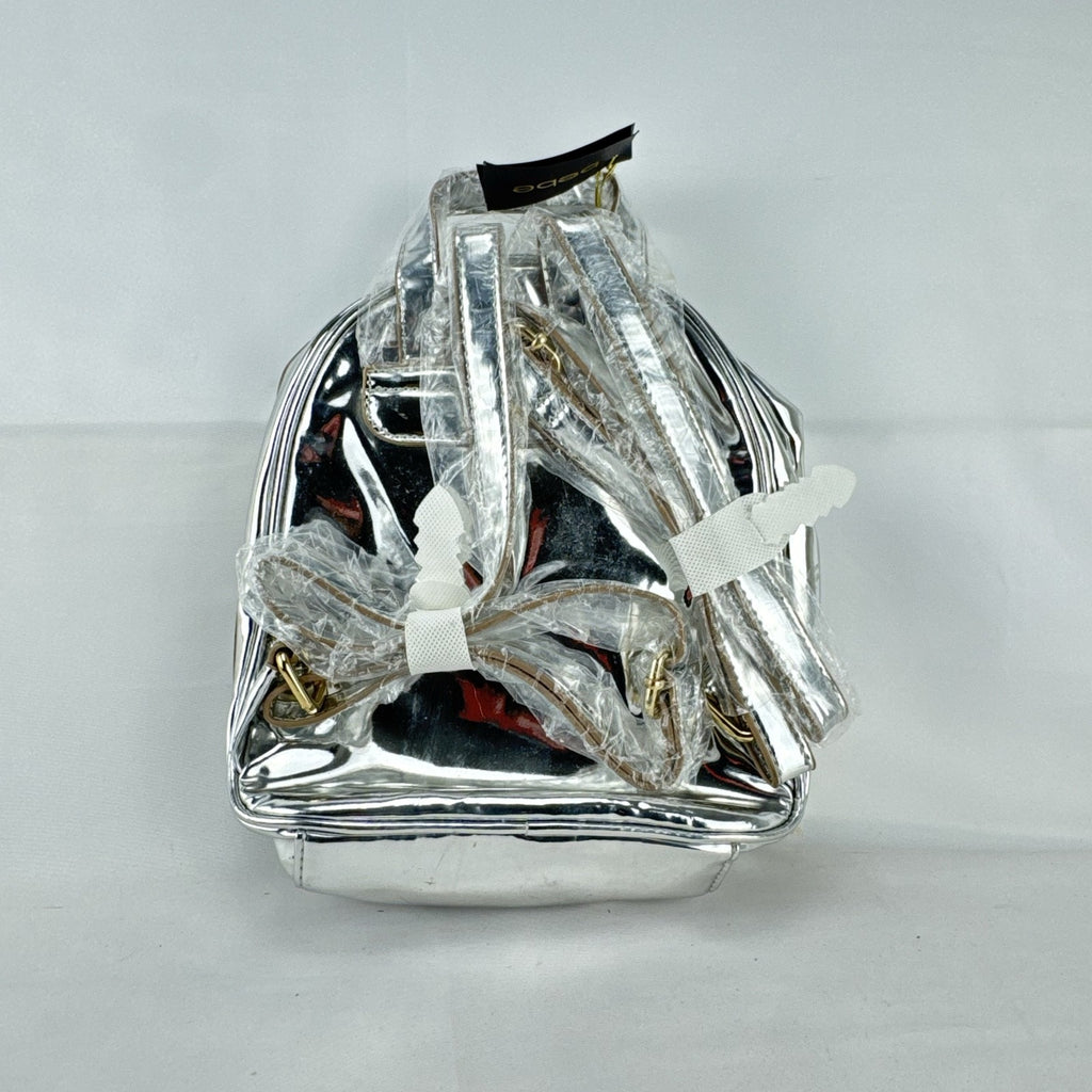 Bebe Kylie mini backpack in metallic silver faux leather with gold-tone hardware