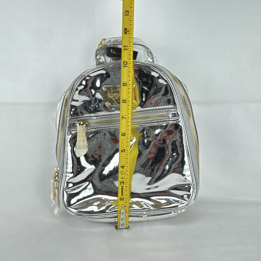 Bebe Kylie mini backpack in metallic silver faux leather with gold-tone hardware