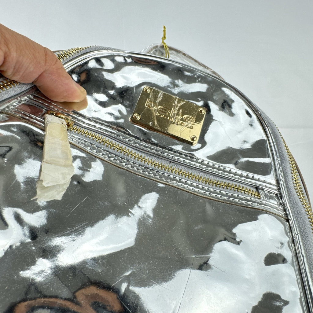 Bebe Kylie mini backpack in metallic silver faux leather with gold-tone hardware