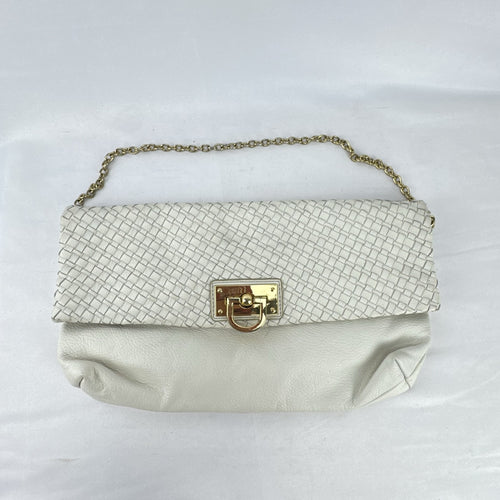 Banana Republic white pebbled leather foldover clutch with woven flap and gold chain strap
