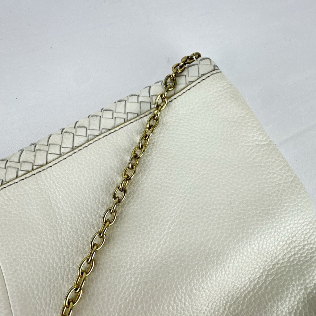 Banana Republic white pebbled leather foldover clutch with woven flap and gold chain strap