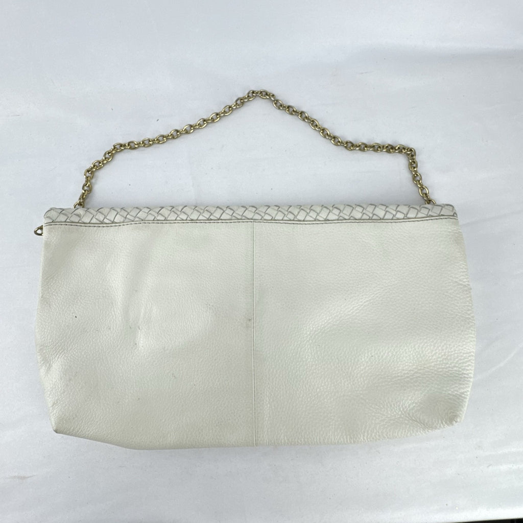Banana Republic white pebbled leather foldover clutch with woven flap and gold chain strap