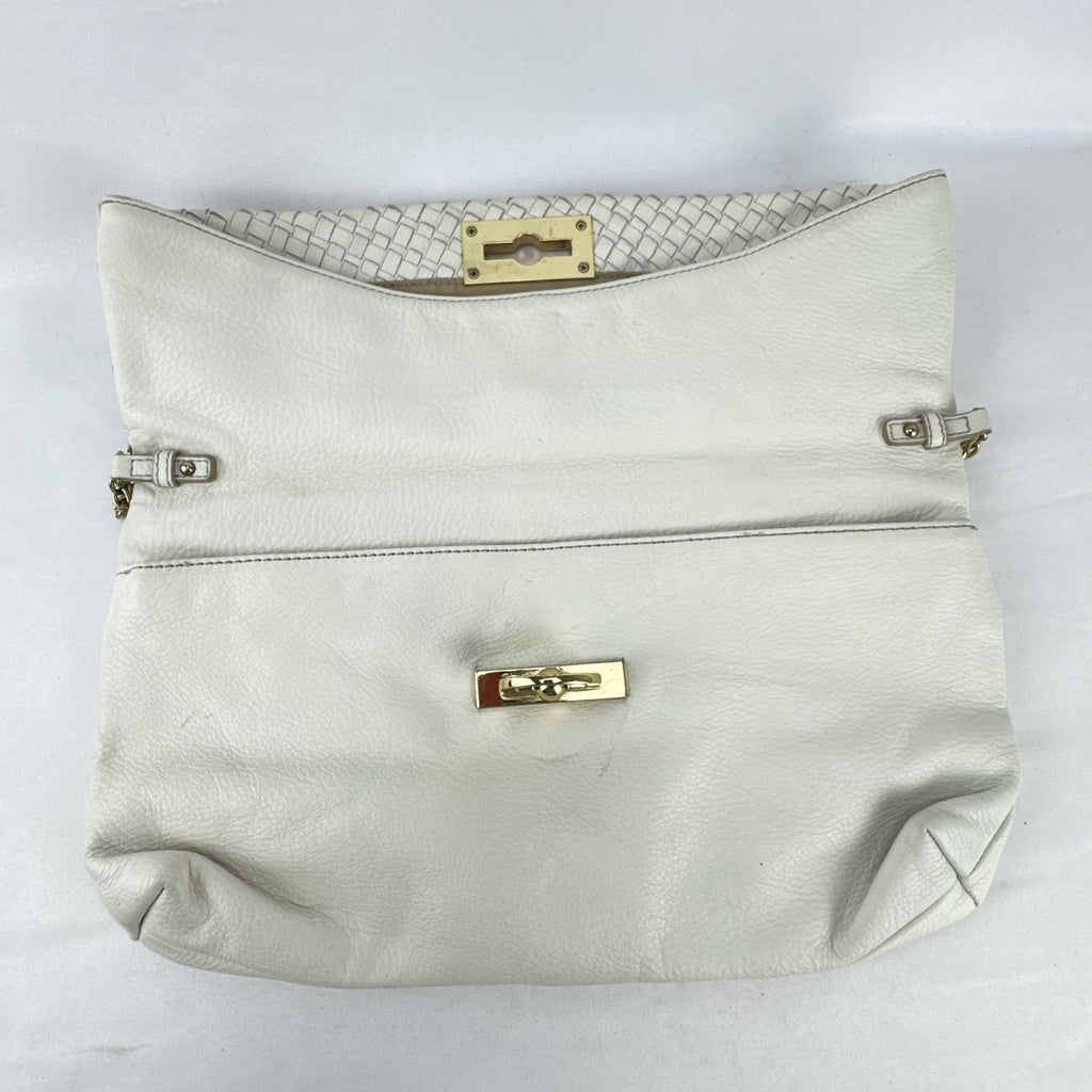 Banana Republic white pebbled leather foldover clutch with woven flap and gold chain strap
