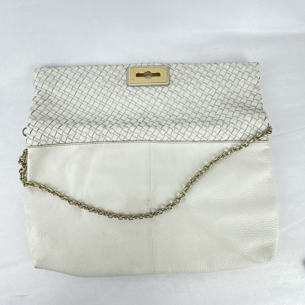 Banana Republic white pebbled leather foldover clutch with woven flap and gold chain strap