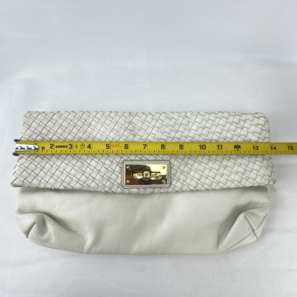 Banana Republic white pebbled leather foldover clutch with woven flap and gold chain strap