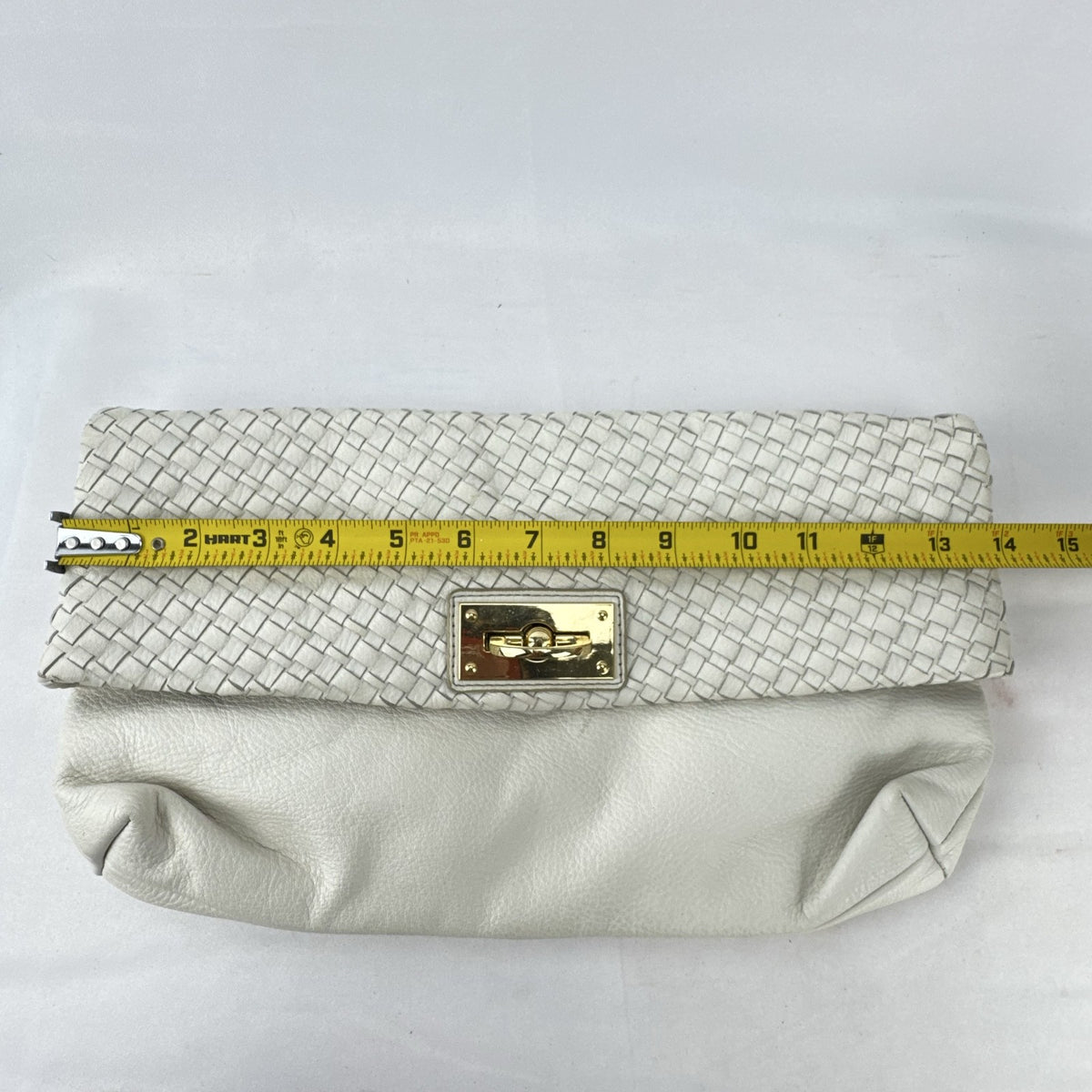 Banana Republic white pebbled leather foldover clutch with woven flap and gold chain strap